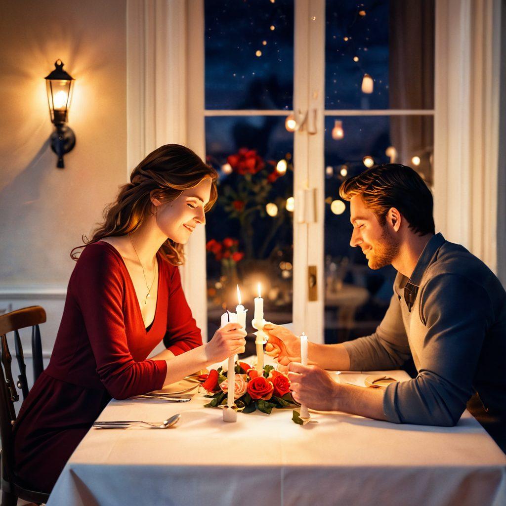 A cozy scene depicting a couple sharing a heartfelt moment over a candlelit dinner, surrounded by warm, soft lighting that enhances the romantic atmosphere. Include subtle elements symbolizing love, such as intertwined hands, blooming roses on the table, and tender gazes, capturing the essence of enduring connections. Artistic touch of watercolor style. vibrant colors. soft focus.