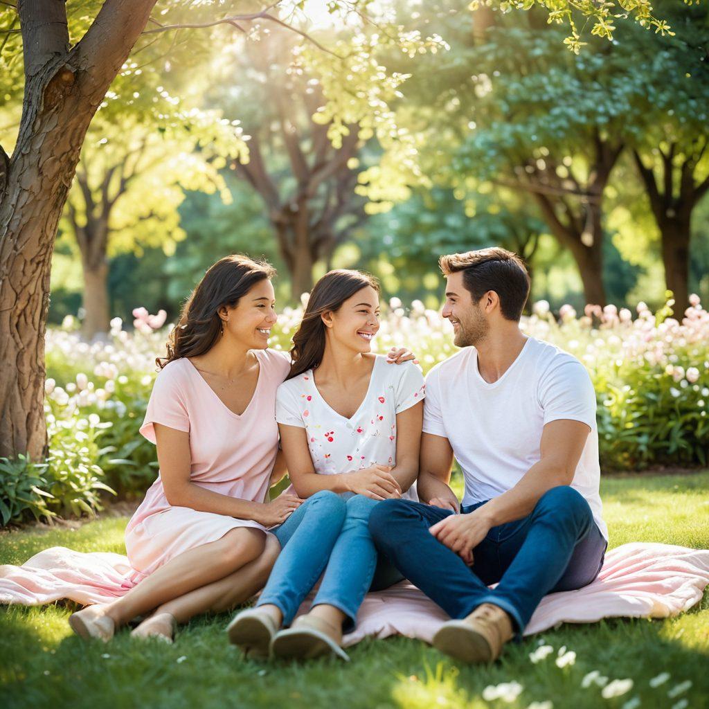 A couple sitting together in a cozy, serene park, surrounded by blooming flowers and soft sunlight filtering through the trees, sharing intimate laughter, with heart shapes subtly forming in the background. The scene conveys warmth and deep emotional connection. pastel colors. soft focus. tranquil ambiance.