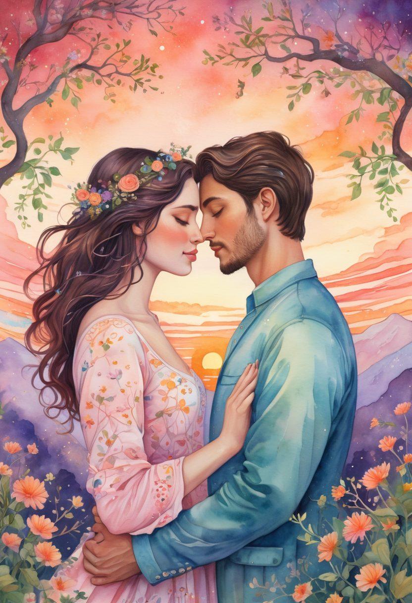 A whimsical illustration of a couple transitioning from a starry-eyed infatuation to deep, committed love, surrounded by symbols of nurturing, such as blooming flowers and intertwined vines. The background features a stunning sunset, symbolizing the passage of time and deepening emotions. Incorporate dreamy pastel colors for a romantic feel. watercolor painting. vibrant hues. soft focus.